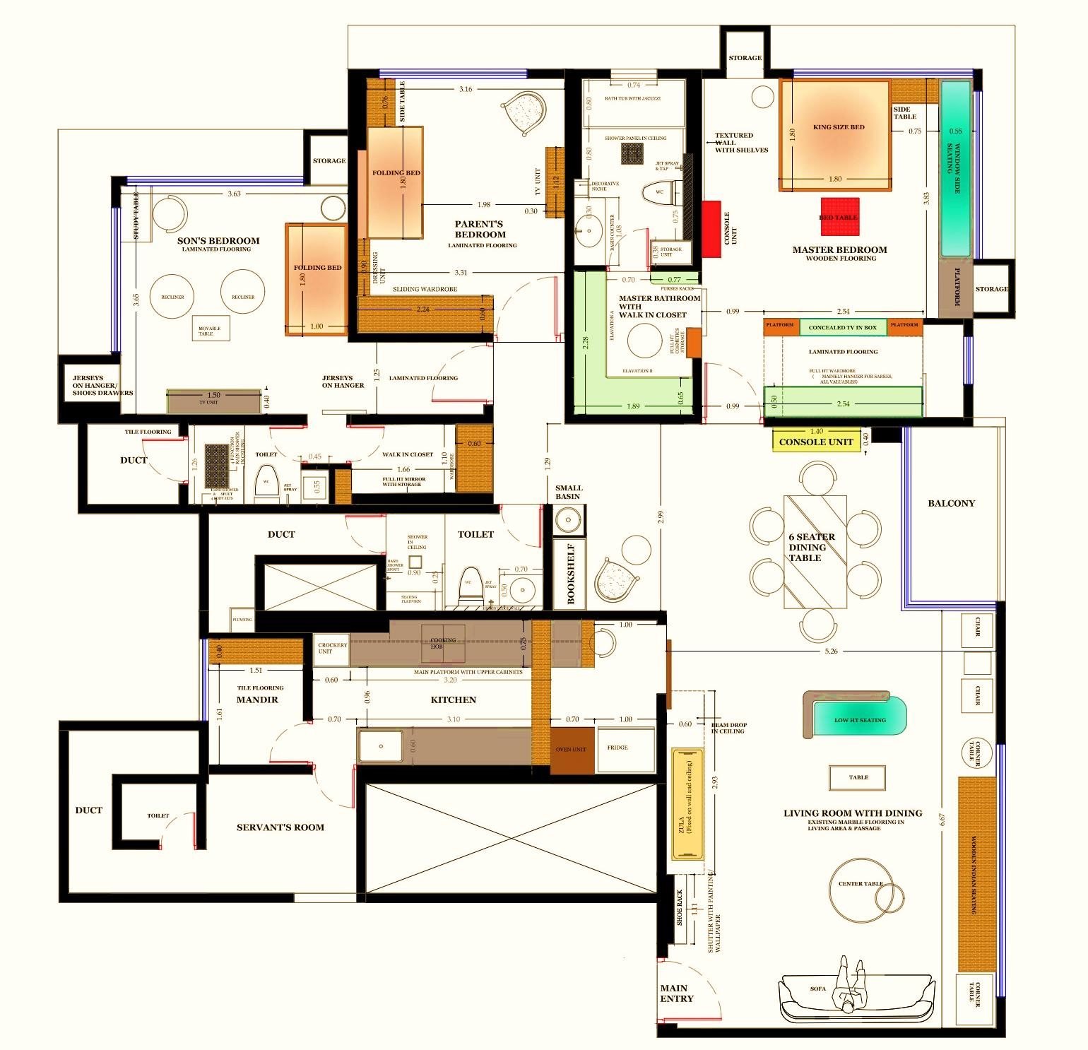Full furniture layout plan for the 2,200 sq. ft. Aadesh Bandekar Residence, Powai