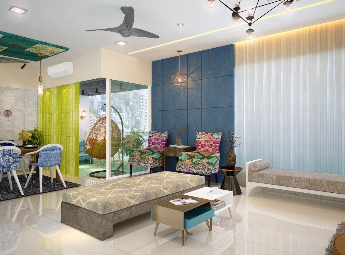 Living room render for Aadesh Bandekar Residence with royal blue false ceiling and ethnic accents