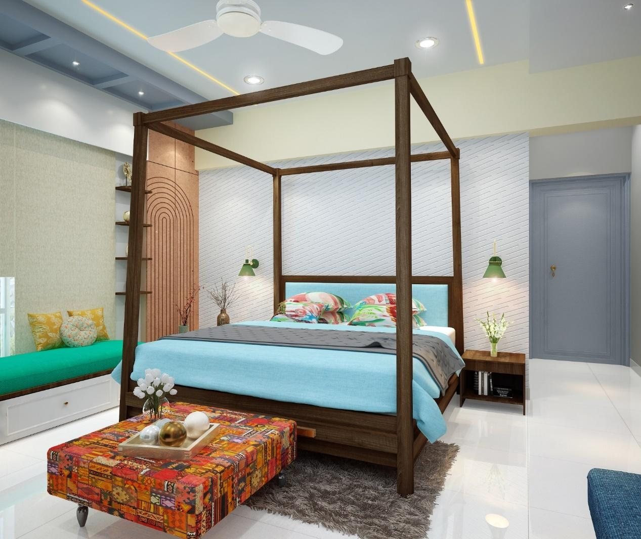 Master bedroom render with long window seating and a scenic view