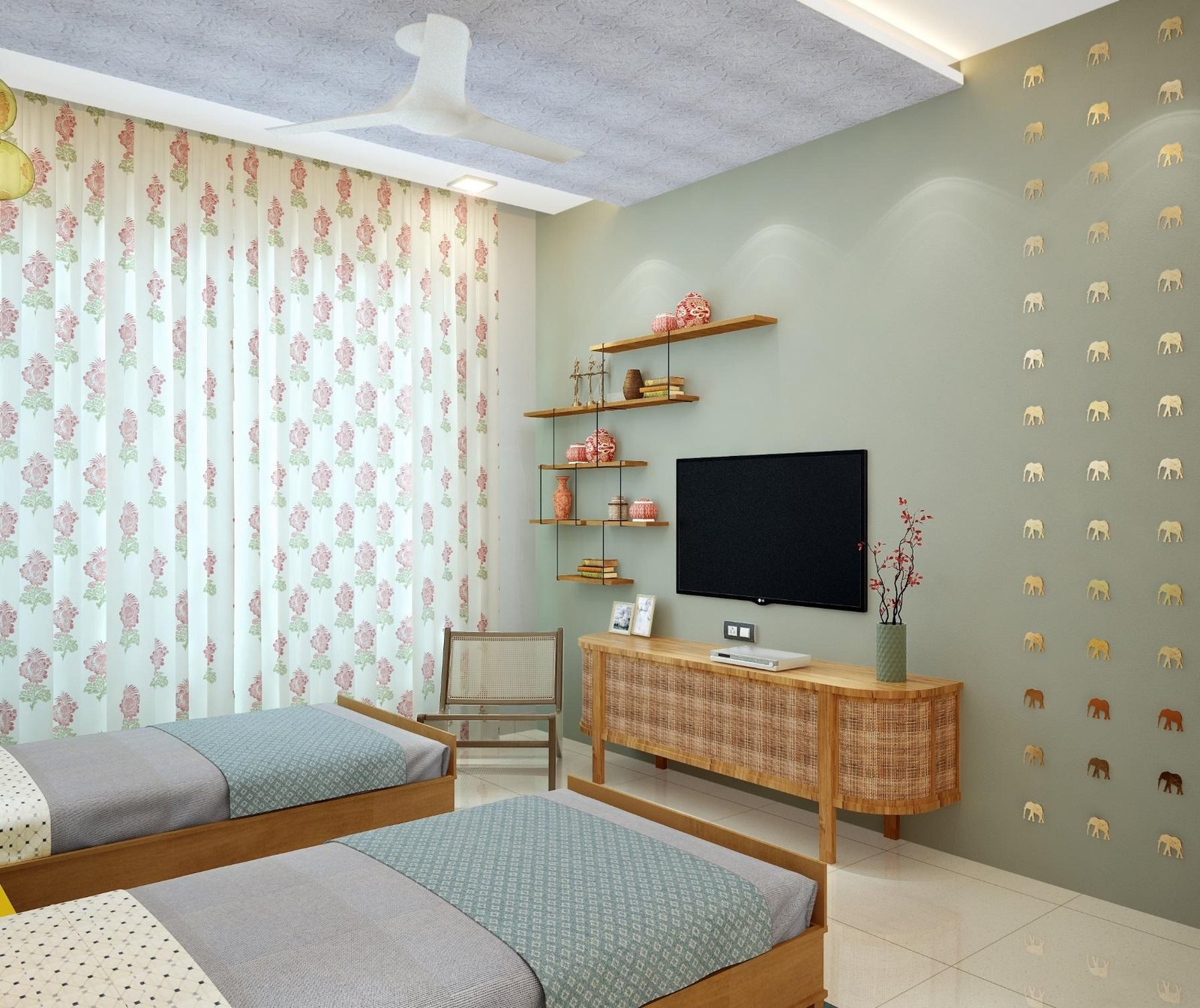 Parent's bedroom render with wood and cane furnishings