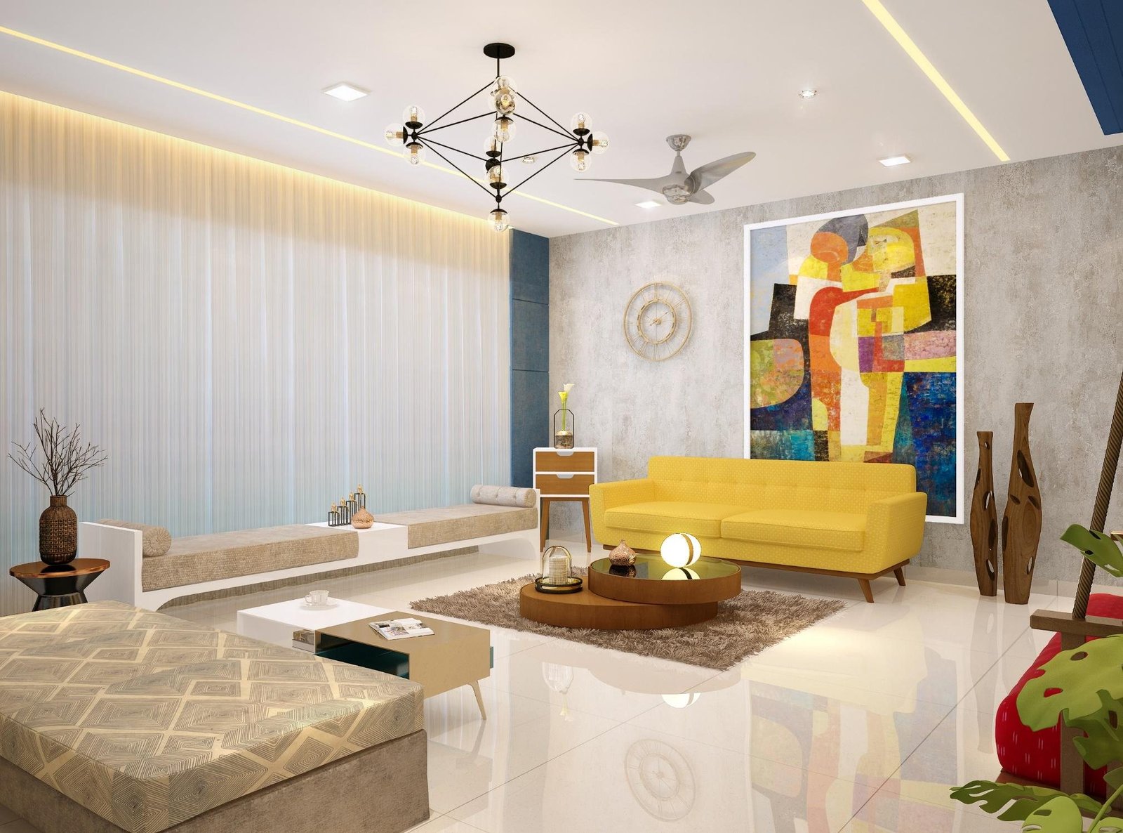 Rendered living room for the Aadesh Bandekar Residence, Powai, with bold colour and traditional ethnic accents