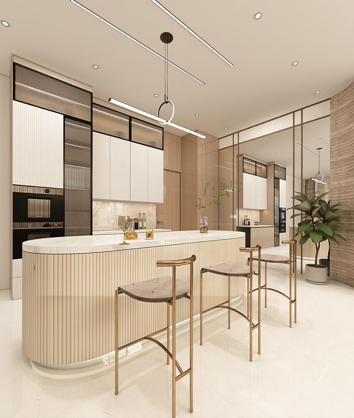 Agarwal Residence dining space in Singapore with a double-height ceiling and sculptural pendant light