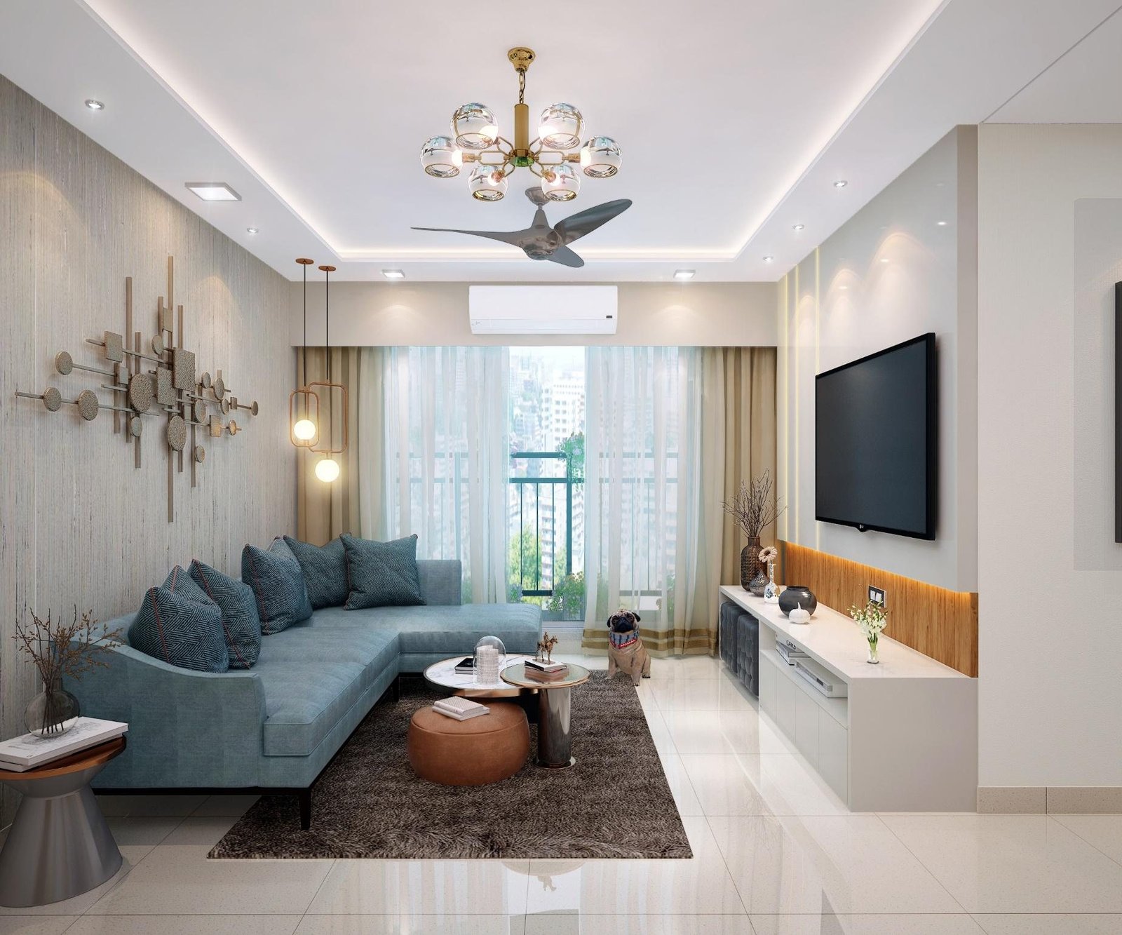 Sudhir Yadav Residence living room at Dosti Desire, Thane, with a blue sofa and marble-panelled wall