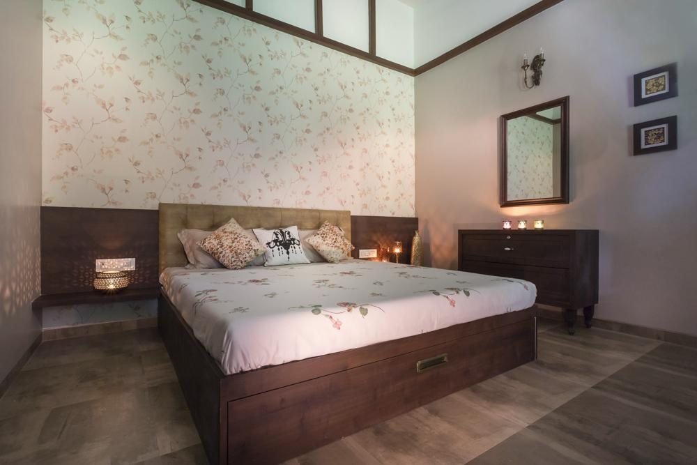 Farmhouse bedroom in soothing beige and white tones
