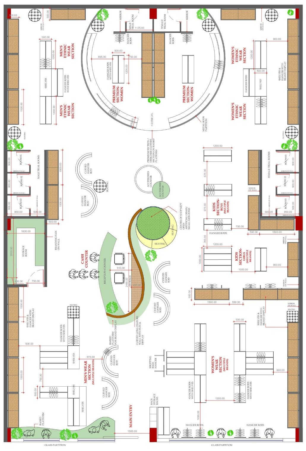 Fully dimensioned furniture layout plan for the garment showroom, showing men's, women's and kids' sections, fitting rooms and a central reception counter