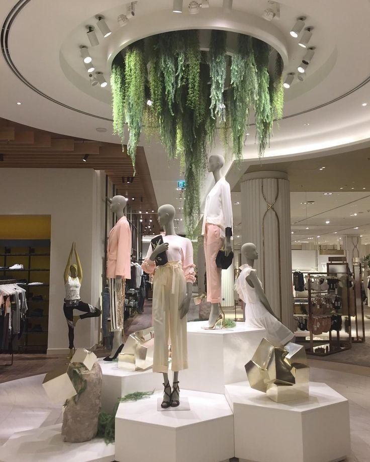 Reference photograph of a biophilic retail display with hanging greenery over a garment presentation