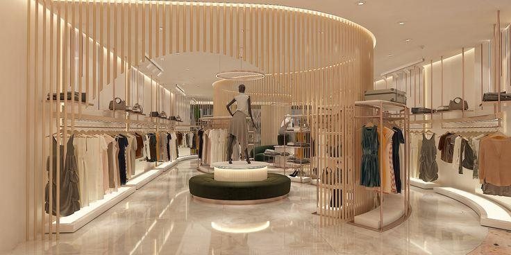 Concept render of a curved, wood-slatted garment boutique interior with marble flooring