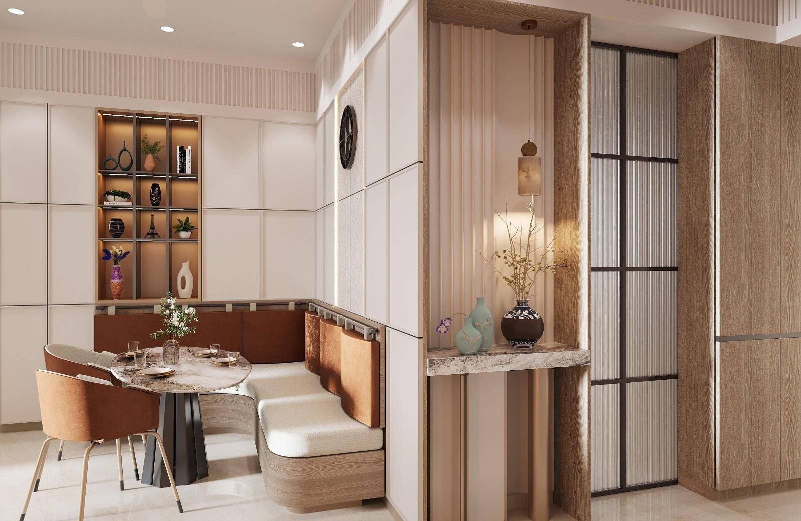 Mohite Residence dining area with wood-beam ceiling