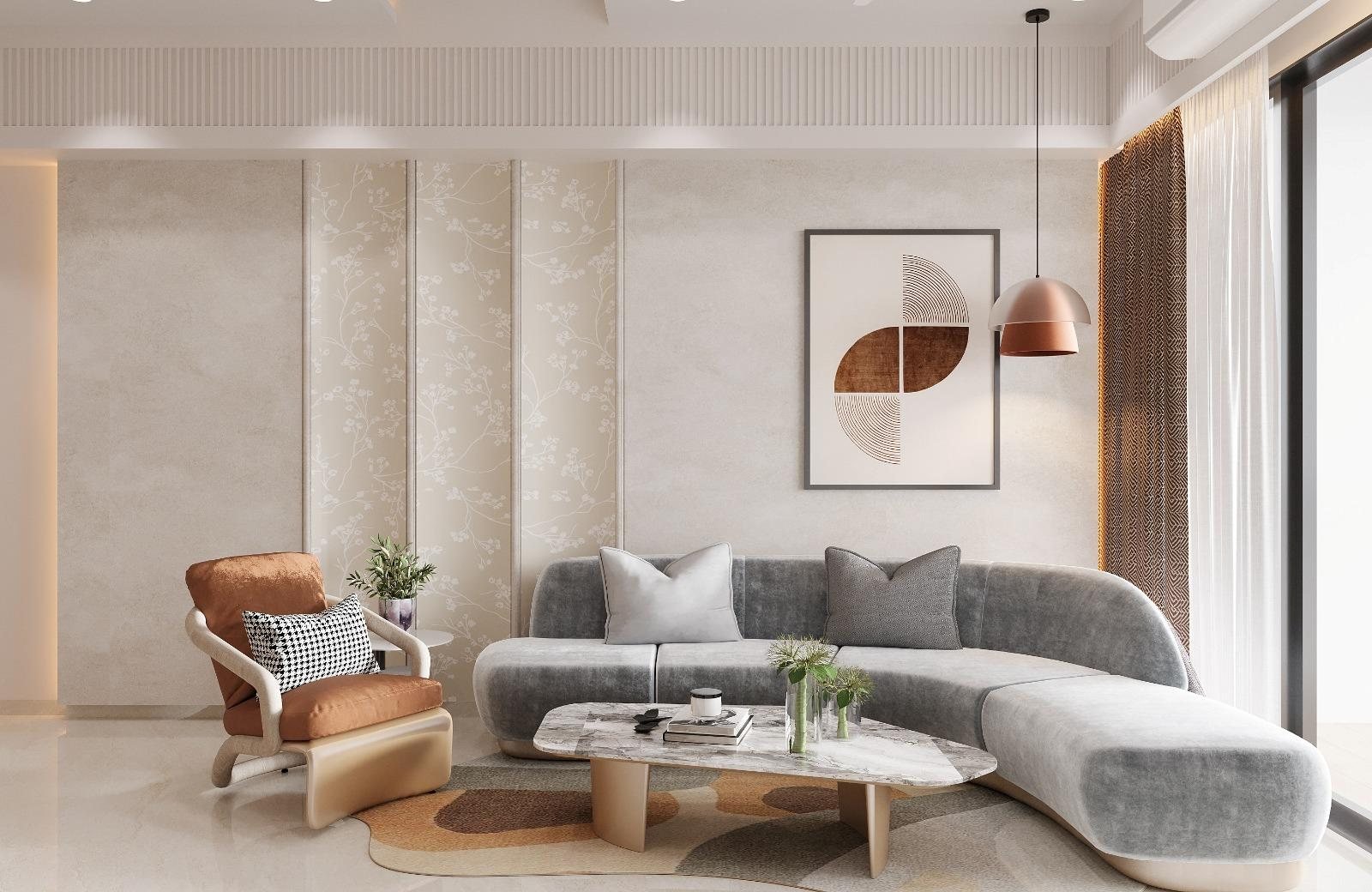 Mohite Residence living and dining space in Mulund with wood ceiling beams and layered lighting