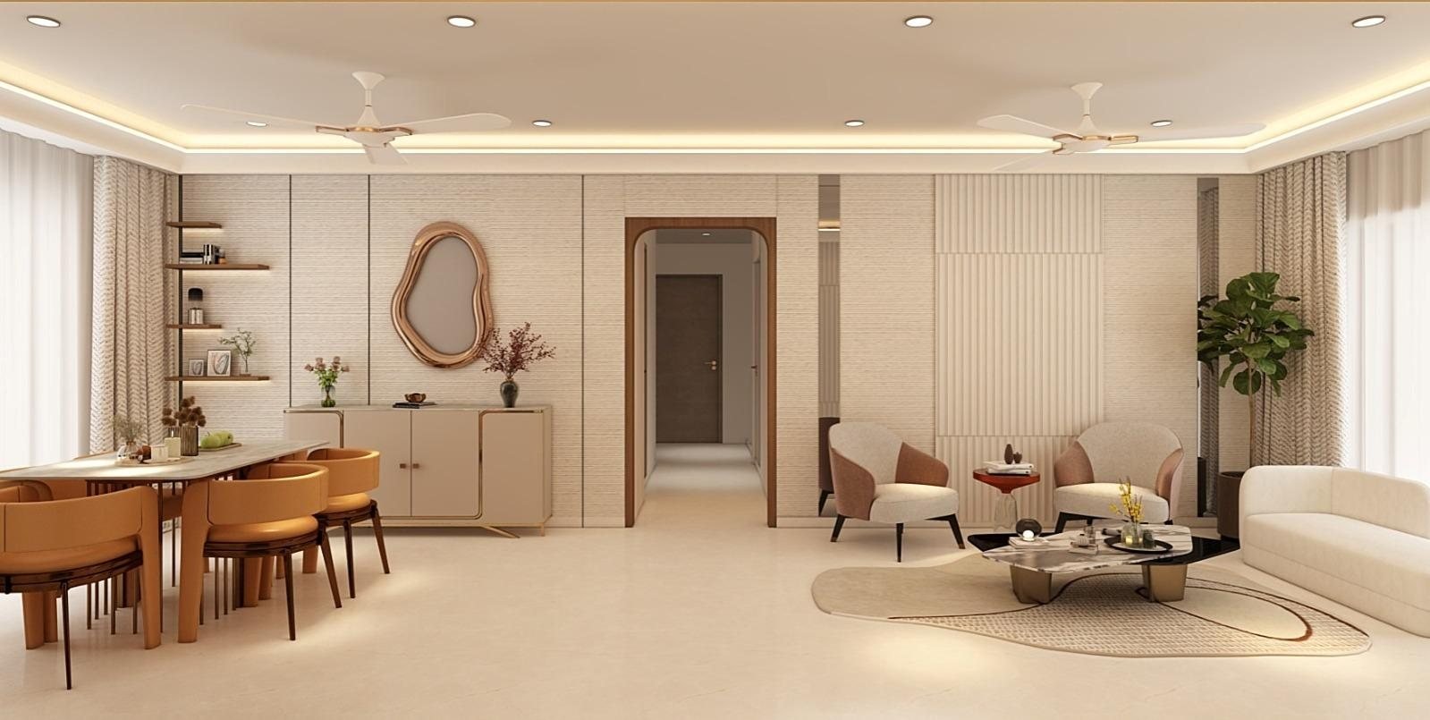 4BHK residence kitchen with a marble-topped island and bar seating at Raymonds, Thane