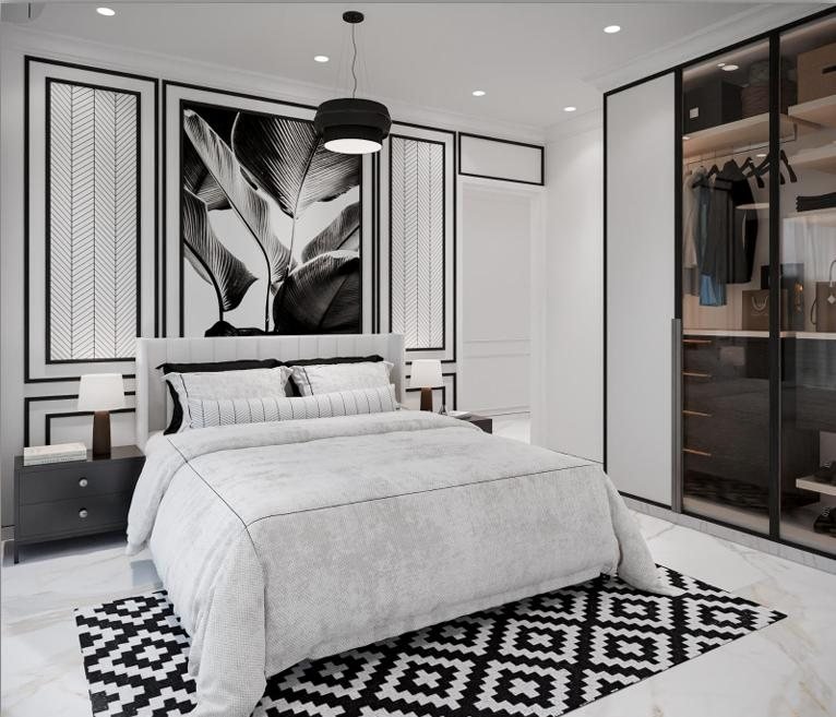 Show flat bedroom in Dombivli with graphic patterned flooring