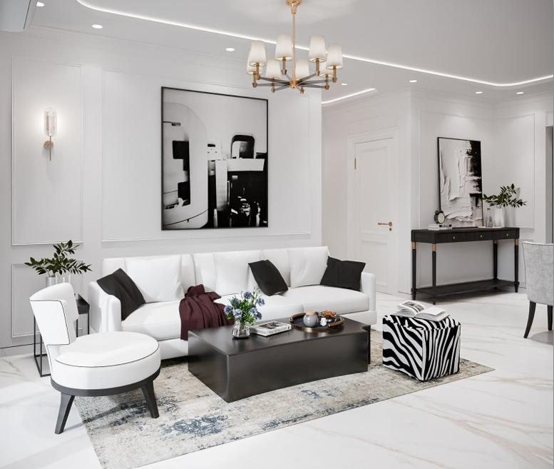 Show flat living room in Dombivli with a black-and-white patterned rug and gallery wall
