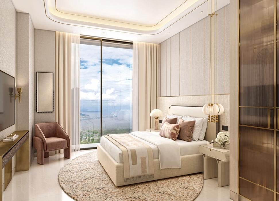 Show flat bedroom in Mahalaxmi with a scenic outlook